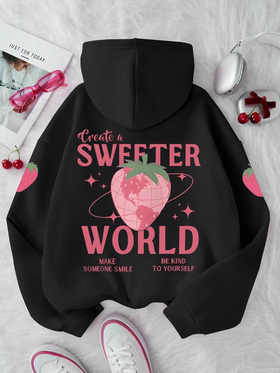 1 hanorac cu guler rotund pentru adolescente, cu imprimeu de căpșuni și slogan, hanorac casual cu mânecă lungă, ținute pentru întoarcerea la școală, absolvire, întoarcerea la școală