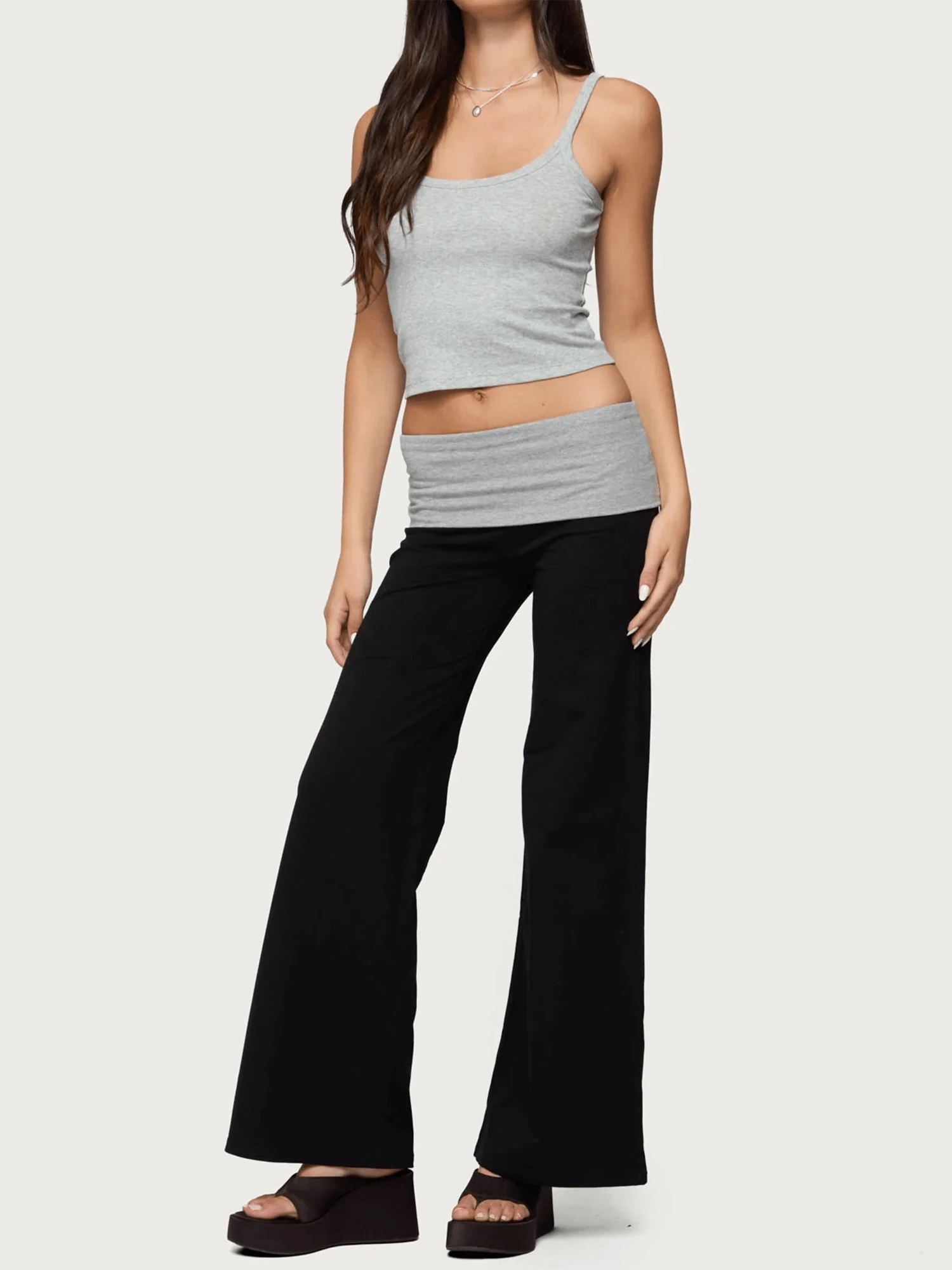 Womens Fold Over Yoga Pants Low Waist Contrast Color Wide Leg Flare Pants Sweatpants Fall Clothes For Women - 黑色 - 查看 1