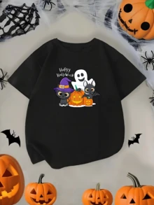 Camiseta cómoda de cuello redondo para niño con un bonito estampado de dibujos animados de gato,fantasma,murciélago y calabaza,ideal para las festividades de Halloween. - Negro - Ver 1