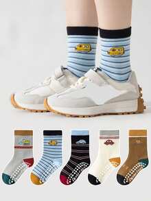 5 双儿童防滑卡通汽车条纹橡胶圆点地板袜，幼儿男童女童宝宝软底室内休闲中筒袜，适合日常穿着 - 彩色 - 查看 8