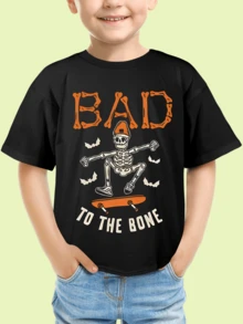 Camiseta con estampado de esqueleto de skateboarding para niño,disfraz de Halloween de Bad to the Bone - Negro - Ver 1