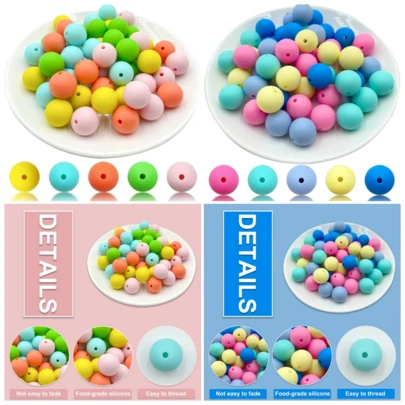 70 hạt silicon màu Macaron & các loại hạt - Hạt tròn 5 màu 9/12/15mm hỗn hợp, Bộ làm đồ trang sức tự làm với hạt cách ly tiêu điểm cho móc khóa bút ID dây đeo cổ thủ công
