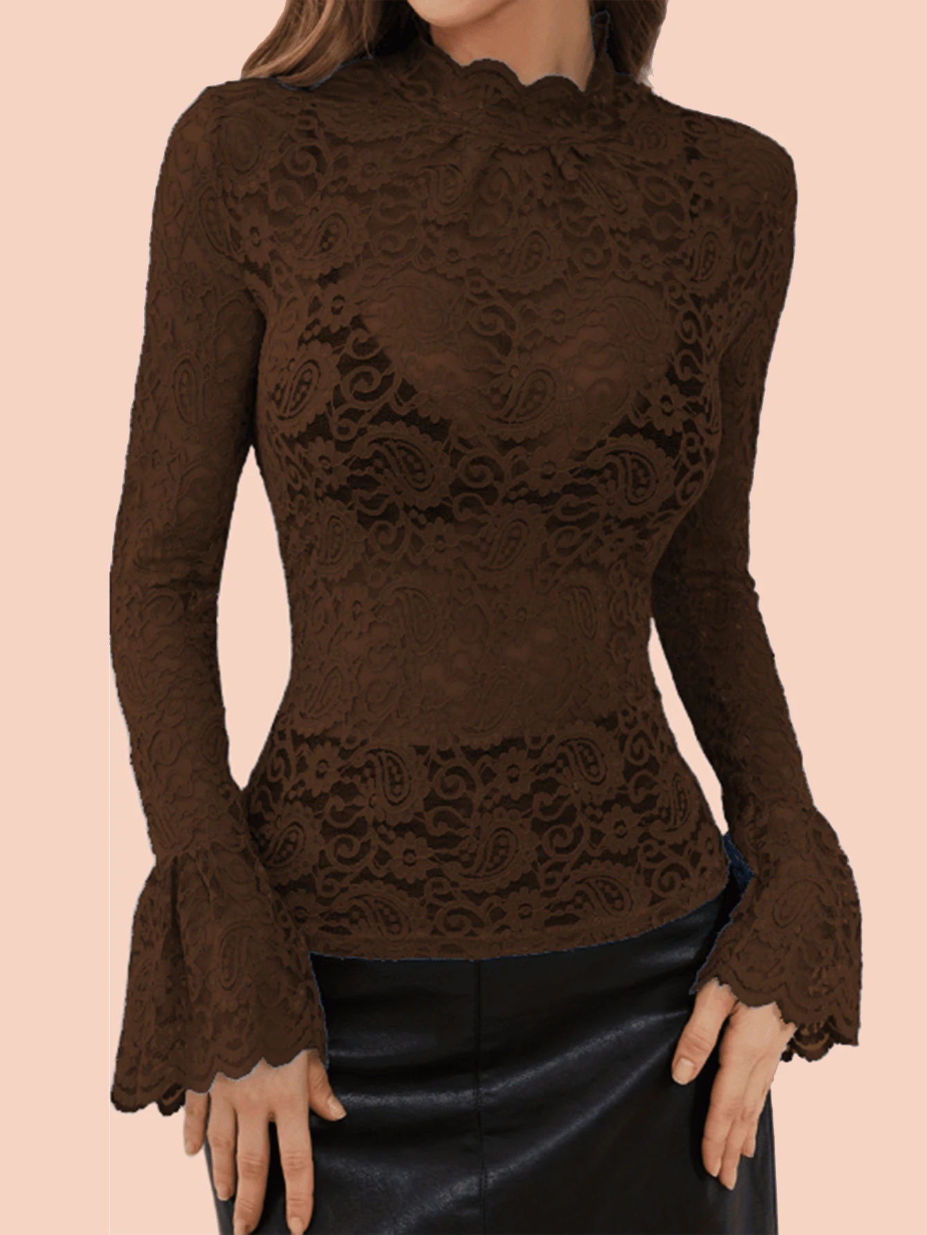 Blusa elegante y sexy de mujer con mangas acampanadas de encaje transparente de unicolor