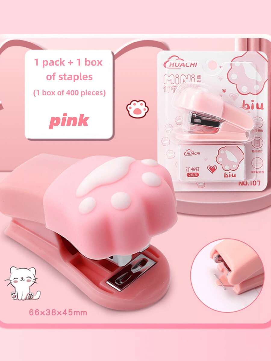 Mini Cute Cat's Paw Stapler 3-In-1 Available Office Study Portable Binding Documents Test Papers Student Cartoon Multifunctional Binding Machine With Staple Binding Machine Small Stationery Stapler Set Back To School Season