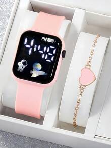 2 件/套 1 件卡通心形方形电子手表和 1 条心形手链情人节礼物圣诞礼物毕业礼物情侣礼物情侣手表手链万圣节、圣诞节、情人节、母亲节、节日礼物的最佳选择