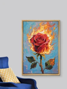 Pintura de aceite de rosa en llamas - Arte de pared abstracto y colorido de una flor, obra de arte moderna y romántica para sala de estar, dormitorio, oficina, regalo de decoración del hogar, pegatinas de pared, decoración de habitación, decoración de pared, pegatinas de pared, decoración de dormitorio, decoración de cocina