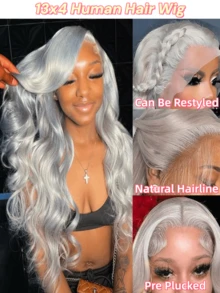 Peluca gris de onda corporal de 32 pulgadas con encaje transparente de 13x4 en la parte delantera, cabello humano brasileño Remy pre-arrancado con cabello de bebé, adecuado para festivales de música, fiestas, cosplay y disfraces de bruja, princesa, hada y sirena para todas las estaciones