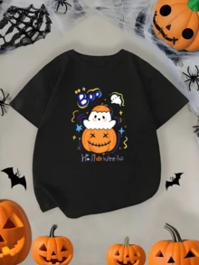 Cómoda camiseta de Halloween para niño con un fantasma gracioso saliendo de una calabaza sonriente,camiseta informal de manga corta con cuello redondo. - Negro - Ver 1
