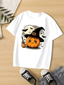 Bonita camiseta gráfica de Halloween con calabaza y bruja para niño,diseño de murciélagos espeluznantes y luna,camiseta informal de manga corta. - Blanco - Ver 1
