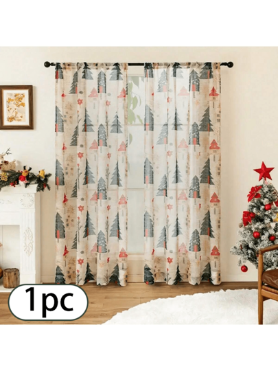 ستارة شفافة خفيفة الوزن بطبعة شجرة الميلاد الموضة البسيطة، مناسبة لغرفة المعيشة وغرفة النوم وديكور المنزل، مناسبة لجميع المواسم