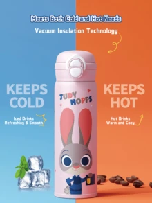 JUDY HOPPS Double Drink  Flask 500ml, Double Lid Design, One-Click Quick Open, Anti-Leak, SUS316 Stainless Steel Inner Liner, High-Quality Material, Cute Cartoon Design, with Portable Strap - Keep Warm/Cold for Daily, Outdoor & Travel Use - 朱迪 - 查看 7