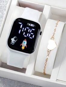 2 件/套 1 件卡通心形方形电子手表和 1 条心形手链情人节礼物圣诞礼物毕业礼物情侣礼物情侣手表手链万圣节、圣诞节、情人节、母亲节、节日礼物的最佳选择