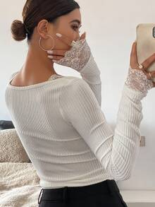 Women's Ribbed Lace Patchwork Bowknot Slim Fit Long Sleeve Top T-Shirt, Autumn/Winter
