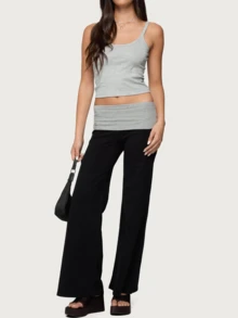 Womens Fold Over Yoga Pants Low Waist Contrast Color Wide Leg Flare Pants Sweatpants Fall Clothes For Women - 黑色 - 查看 2