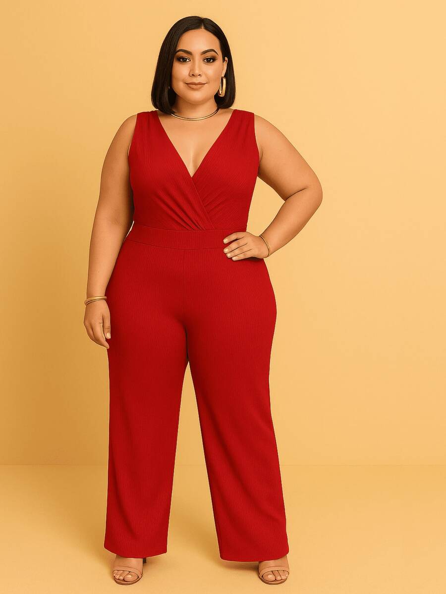 Women's Jumpsuit Tank Top Plus Size Ribbed And Spandex V-Neck Plain Wide Leg Pants Casual Fashion Chic Modern - 紅色 - 查看 1