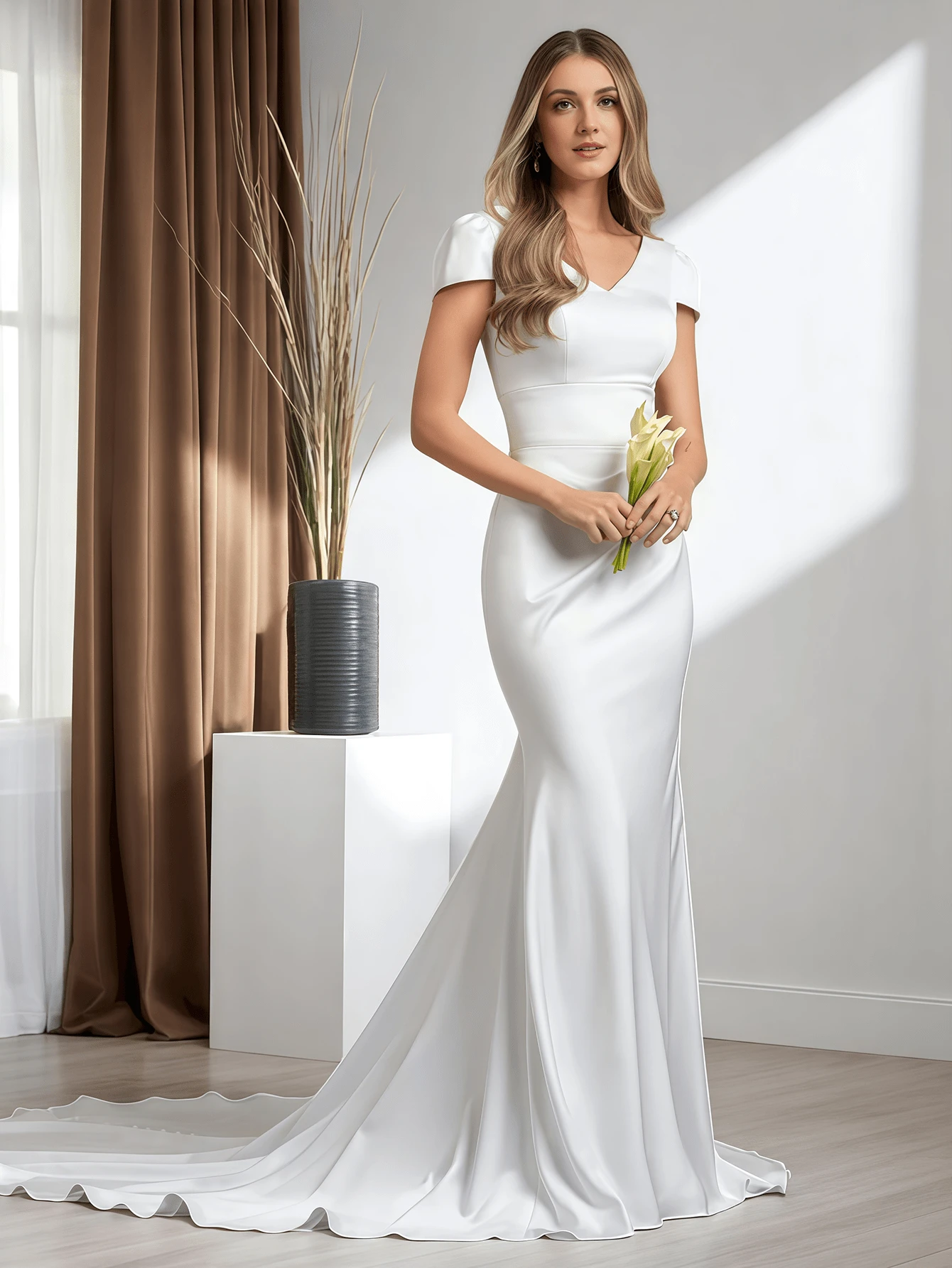 1pc Elegant Simple Satin Wedding Dress With Cap Sleeves, Button Back Fitted Sheath Bridal Gown With Sweep Train, Rustic Wedding Dress, All Seasons, Elegant And Comfortable, The Perfect Holiday Gift, Suitable For Wedding,Party, Singles' Party,Vacation,Bride,Formal Occasions,Dinner Dress,Prom Dress,Homecoming Dress,Cocktail Party,Birthday Party - 白色 - 查看 1