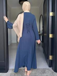 女士纯色后腰系带口袋休闲长款宽松连衣裙 - 藍色 - 查看 5