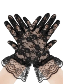 Velo de novia negro con flores de encaje, velo de disfraz de Halloween con peine, guantes cortos para fiesta de boda y Halloween