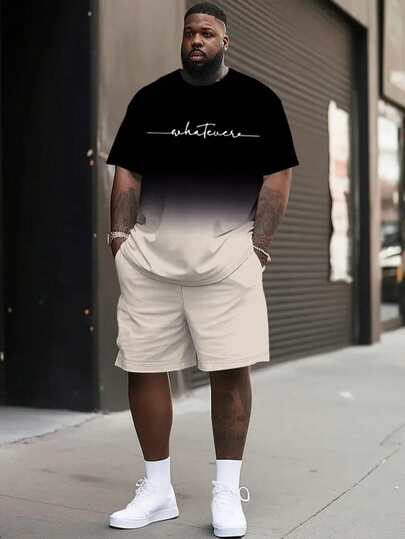 Conjunto de chándal informal con estampado de letras pequeñas degradado para hombre de talla grande, conjunto de sudadera de cuello redondo de manga corta con cordón, ropa de calle de estilo hip hop para verano, conjunto de ropa deportiva 100% poliéster