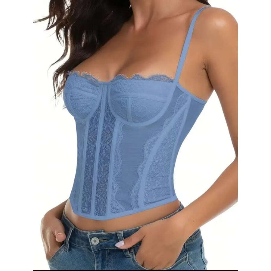 Women's Cropped Corset Lace Tulle  Fashion With Underwire - 藍色 - 查看 1