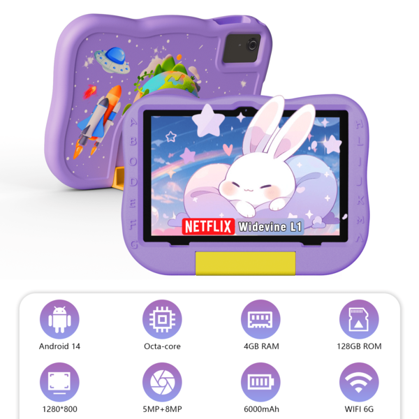 Qetupa 10.1-Inch Android 14 Kids Tablet: 4GB+128GB (1TB Expandable), A523 Octa-Core 2.0GHz, 1280*800 IPS HD Touchscreen, 5MP+8MP Dual Cameras, WiFi 2.4G+6G, 6000mAh, BT5.4&802.11ac, Parental Controls, Educational Apps – Perfect For Christmas Sleigh Drawing & Halloween Puzzle Fun