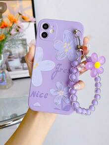 1pc Purple TPU Floral Pattern Shockproof Full Coverage Phone Case And 1pc Purple Flower & Pearl Beaded Phone Lanyard Strap, Compatible With IPhone 17/17Pro/17ProMax/17Air/16/16Pro/16ProMax/16Plus/15/15Pro/15ProMax/15Plus/14/13/12/11 And Galaxy S25/S25Plus/S25Ultra
