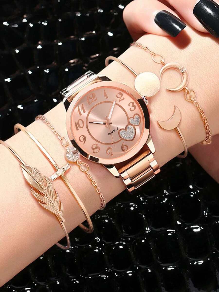 6pcs Ladies Watch Heart Pattern Digital Women Watch Fashion Casual Simple Quartz Steel Strap Watch Women Watch Bracelet Set Ladies Watch Valentines - Rose Gold - View 1