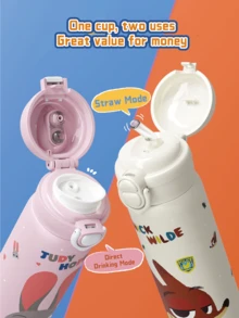 NICK WILDE Double Drink  Flask 500ml, Double Lid Design, One-Click Quick Open, Anti-Leak, SUS316 Stainless Steel Inner Liner, High-Quality Material, Cute Cartoon Design, with Portable Strap - Keep Warm/Cold for Daily, Outdoor & Travel Use, Outdoor & Travel Use