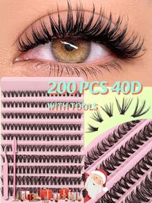 200 racimos de pestañas postizas de volumen independiente D 40D con cepillo y pinzas para pestañas - Combinaciones de múltiples longitudes de 10-16 mm, racimos de pestañas 3D esponjosas y segmentadas, imitación de pestañas de visón suaves y naturales, adecuadas para maquillaje DIY, fáciles de aplicar, reutilizables, aptas para principiantes, adecuadas para el hogar, fiestas, uso diario, Halloween y Navidad, imprescindibles.