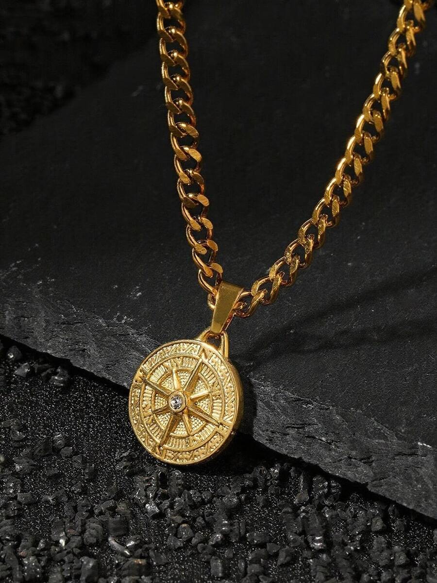 1pc Fashionable Women's Compass Pendant Necklace, Stainless Steel Gold Chain Necklace, Retro Cool Style, Suitable For Daily Wear, Couple Gift