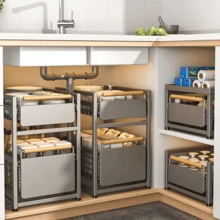 LIPETY Pull-Out Cabinet Storage Rack,Sliding Pull-Out Type Drawers For Kitchen Cabinets, Heavy DutyMetal Wire Basket Pull-Out Type Shelf, Slide OutCookware Organizer, Storage Of Seasoning And Miscellaneous Items, For Kitchen And Bathroom Storage - Xám - Xem 5