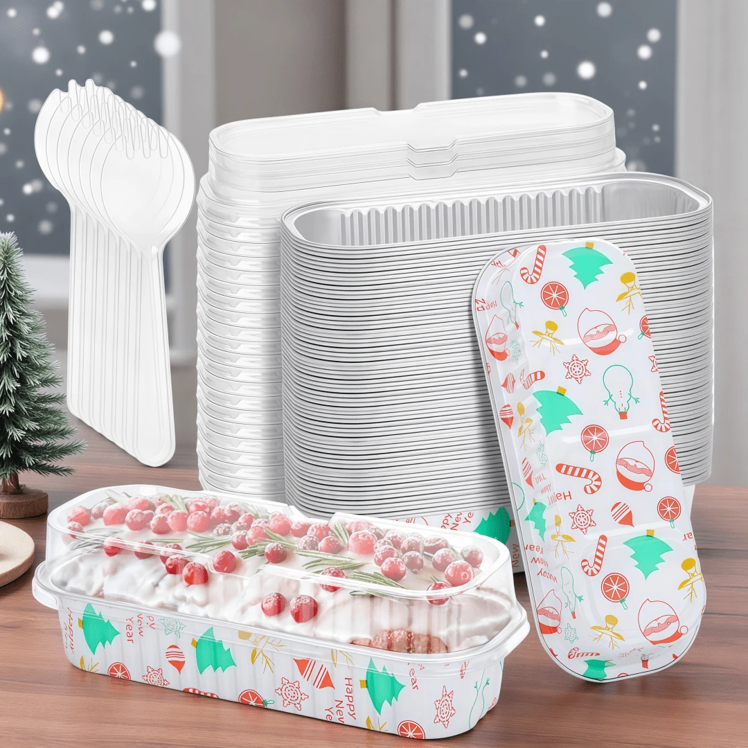 50/25 عبوة صواني كعك صغيرة صواني رغيف صغيرة مع أغطية وملاعق، صواني ألومنيوم مطلية بالقصدير سعة 6.8 أونصة، أكواب حلوى فردية حاويات للحفلات والنزهات