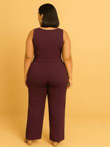 Women's Jumpsuit Tank Top Plus Size Ribbed And Spandex V-Neck Plain Wide Leg Pants Casual Fashion Chic Modern - 酒紅色 - 查看 2