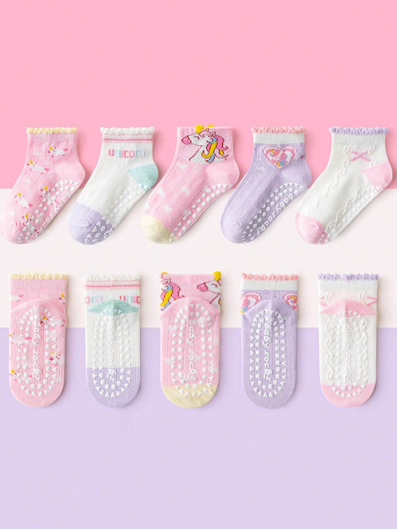 5 双儿童防滑蕾丝点胶心形独角兽图案婴幼儿室内软底袜，适合日常休闲 - 彩色 - 查看 12