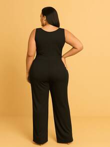 Women's Jumpsuit Tank Top Plus Size Ribbed And Spandex V-Neck Plain Wide Leg Pants Casual Fashion Chic Modern - Black - View 2