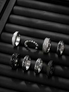 8 piezas de anillos giratorios de acero inoxidable para la ansiedad, anillos giratorios antiansiedad con diseño de luna y estrella, anillos para aliviar el estrés - Multicolor - Ver 8