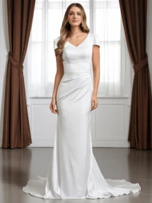 1pc Elegant Simple Satin Wedding Dress With Cap Sleeves, Button Back Fitted Sheath Bridal Gown With Sweep Train, Rustic Wedding Dress, All Seasons, Elegant And Comfortable, The Perfect Holiday Gift, Suitable For Wedding,Party, Singles' Party,Vacation,Bride,Formal Occasions,Dinner Dress,Prom Dress,Homecoming Dress,Cocktail Party,Birthday Party - 白色 - 查看 2