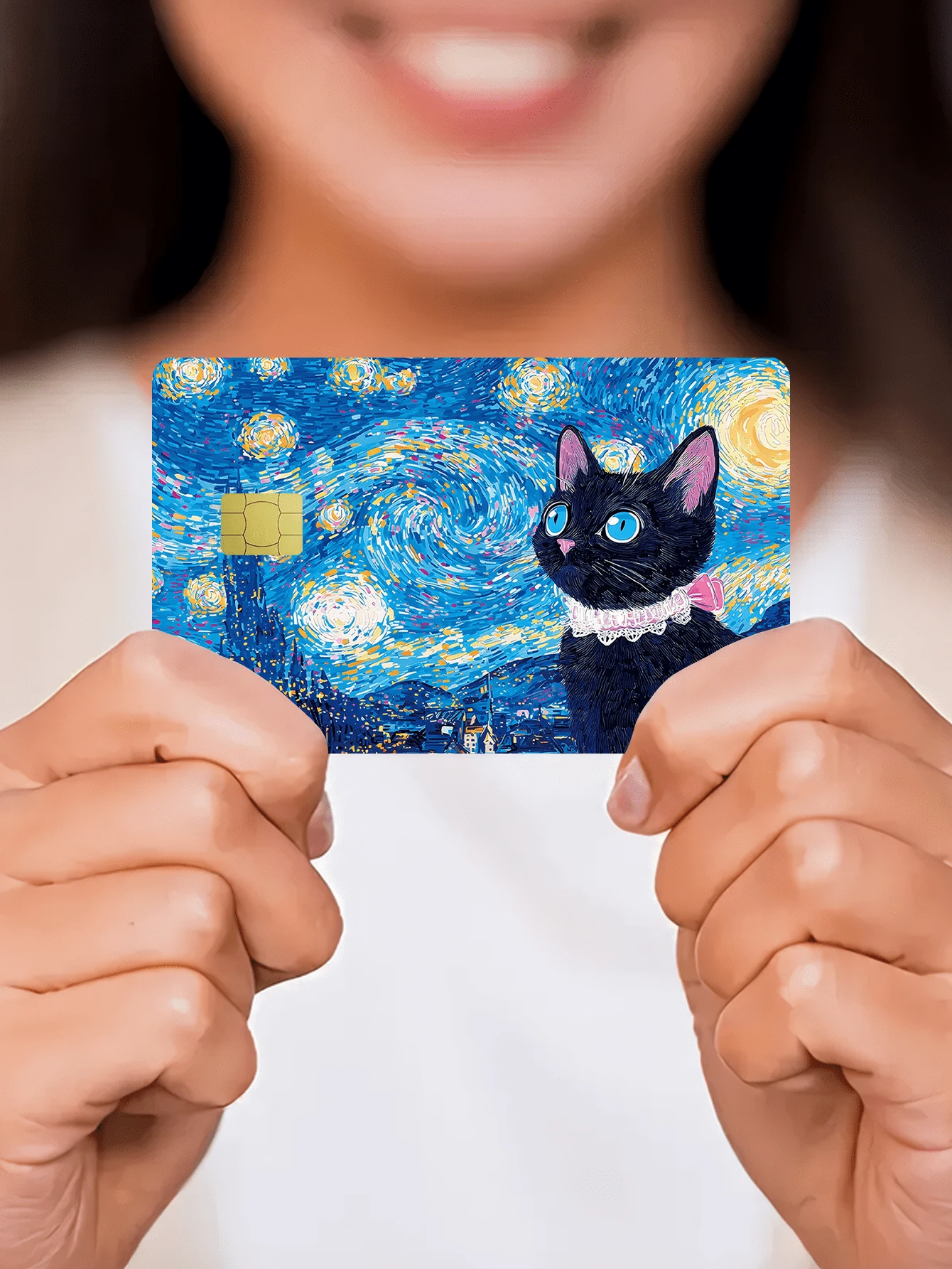 1张卡通星空猫咪银行卡贴纸，PVC创意芯片银行卡、借记卡、校园卡、信用卡保护套，艺术贴纸，卡套