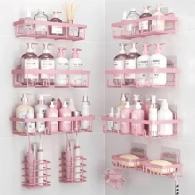 Pink Bathroom Accessories 5-Pack Rust-Proof And Waterproof Shower Rack, No Drilling Required, Stick-On Storage Rack With Toothbrush And Soap Holder, Large-Capacity Storage Rack