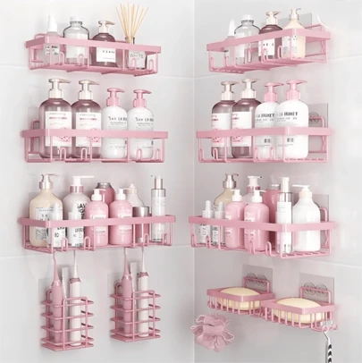 Pink Bathroom Accessories 5-Pack Rust-Proof And Waterproof Shower Rack, No Drilling Required, Stick-On Storage Rack With Toothbrush And Soap Holder, Large-Capacity Storage Rack