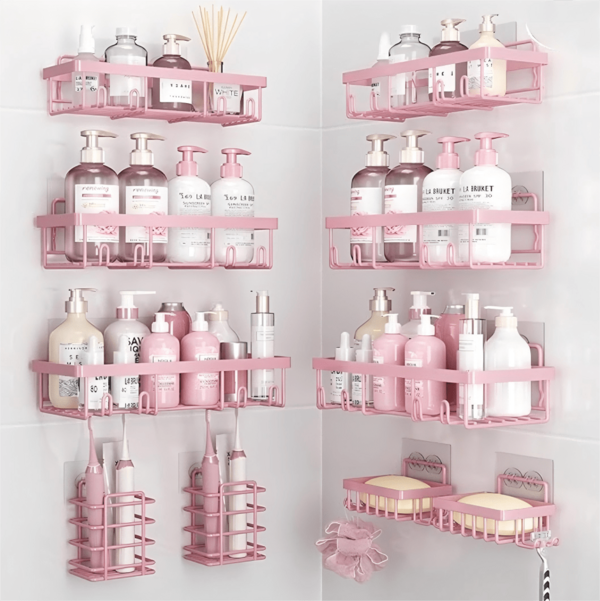 Pink Bathroom Accessories 5-Pack Rust-Proof And Waterproof Shower Rack, No Drilling Required, Stick-On Storage Rack With Toothbrush And Soap Holder, Large-Capacity Storage Rack