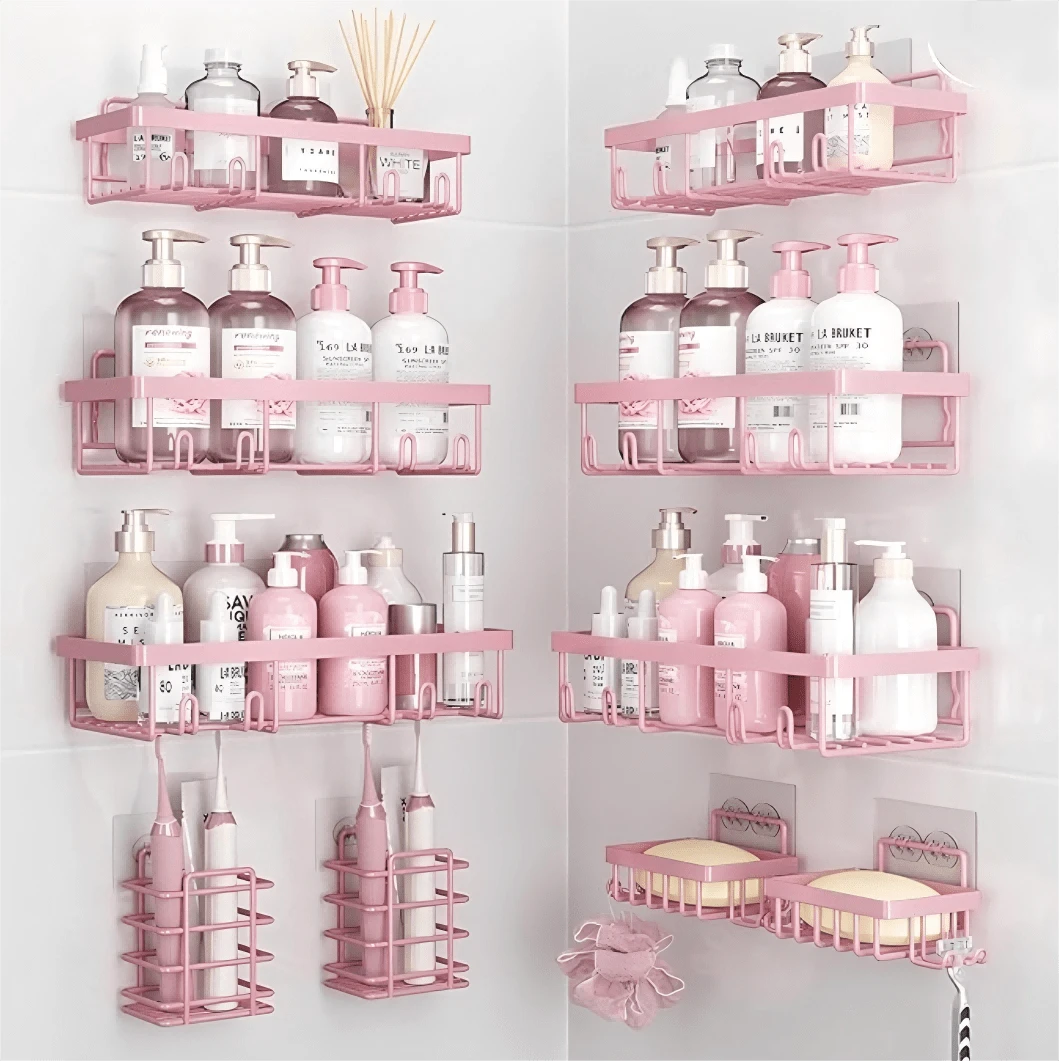 Pink Bathroom Accessories 5-Pack Rust-Proof And Waterproof Shower Rack, No Drilling Required, Stick-On Storage Rack With Toothbrush And Soap Holder, Large-Capacity Storage Rack