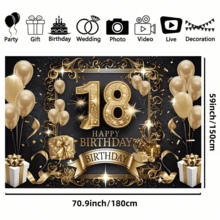 1 pieza Fondo de tela para fiesta de cumpleaños número 18, hecho de poliéster, con un diseño elegante de globos, cajas de regalo y estrellas en color negro y dorado. Es perfecto para decoración de interiores, decoración exterior, fiestas de cumpleaños y recuerdos fotográficos, y no requiere electricidad