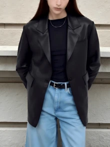 conciso Lässige, oversized Blazer für Damen mit Kerbe-Revers, breiten Schultern, einem Knopf, Pattentaschen und dickem PU-Leder für Herbst, Büro/Arbeit