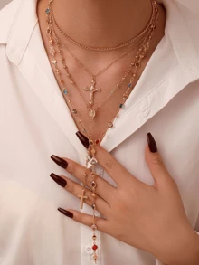 4-In-1 Vintage Elegant Fashion Hip Hop Retro Coin Rhinestone Cross Pendant Tassel Long Necklace Set, Unique Layered Choker Necklace For Women, Suitable For Summer, Party, Formal Occasion, Daily Wear