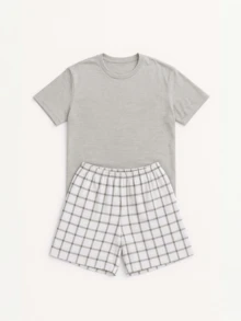Men's Summer Pajamas With Short Sleeve Shirt And Adult Plaid Shorts - Xám - Xem 3