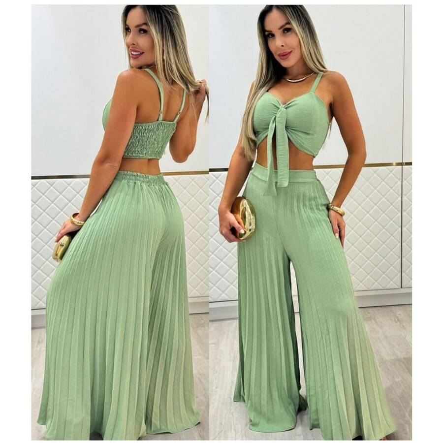 Duna Moda Gringa Women's Pleated Crop Top And Pants Set - Mint Green - View 1