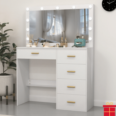 Large Dressing Table Vanity Makeup Desk With Mirror & 11 LED Lights 5 Drawers- Perfect For Organizing Makeup, Skincare, Elegant Vanity|Decorative Vanity, Vanity Furniture, Compact For Small Space, Bedroom Decor Gift , Suitable For Christmas And Halloween Decorations
