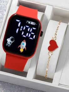 2 件/套 1 件卡通心形方形电子手表和 1 条心形手链情人节礼物圣诞礼物毕业礼物情侣礼物情侣手表手链万圣节、圣诞节、情人节、母亲节、节日礼物的最佳选择
