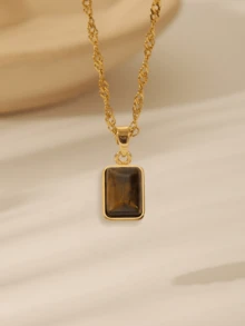 1 pieza Collar con colgante de acero inoxidable con gema vintage marrón, colgante geométrico rectangular ovalado de ojo de tigre, cadena de clavícula adecuada para uso diario y festivales o como regalo de joyería para mujeres - Marrón - Ver 5